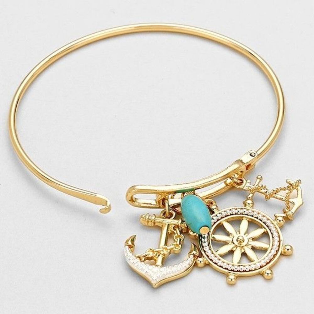 2pcs Nautical Anchor & Helm Charm Bracelet Set Gold Silver Turquoise